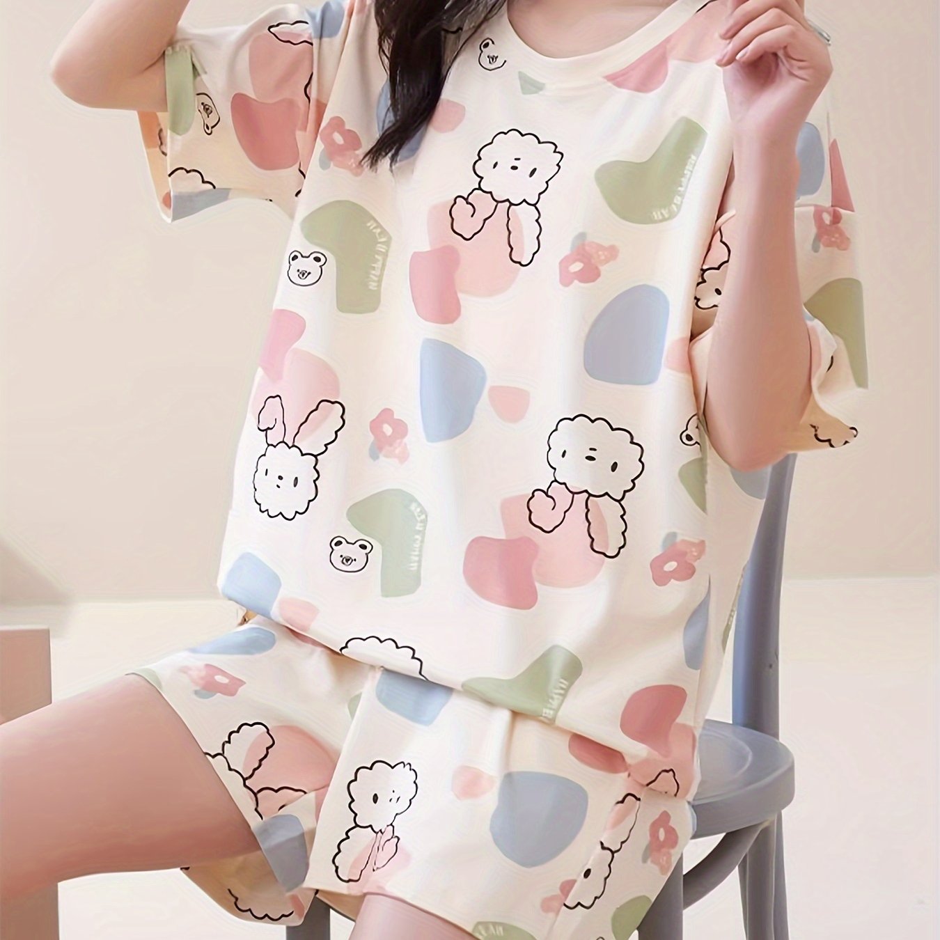 Lightweight & Stylish Womens Rabbit Print Pajama Set - Short Sleeve, Round Neck Tee & Pocket Shorts, Color Block Sleepwear for Casual Nights