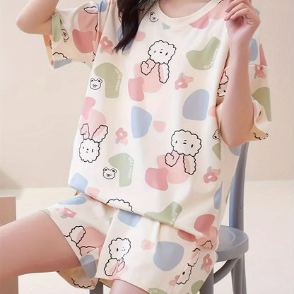 Lightweight & Stylish Womens Rabbit Print Pajama Set - Short Sleeve, Round Neck Tee & Pocket Shorts, Color Block Sleepwear for Casual Nights