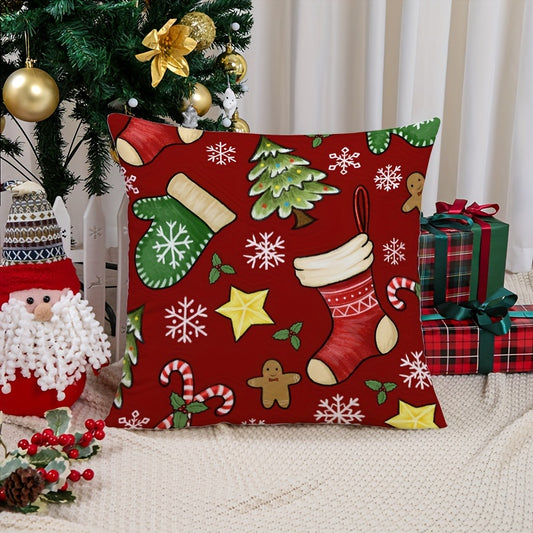 1Pc, Red Christmas Elements Throw Pillowcase Super Soft One Side Printed Cushion Cover 17.7*17.7inch