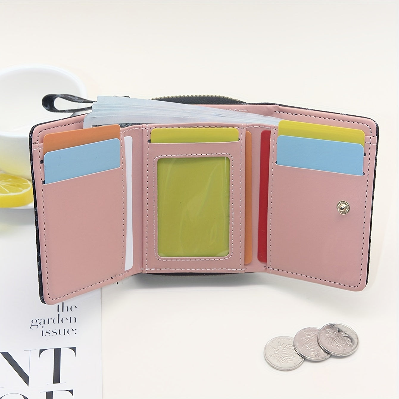 Tri-Fold Ladies Wallet with Wristlet - Classic Designer Letter Print, Snap Closure, Multiple Zip Pockets, ID Card Compartment, Polyester Lining, PU Material, Casual Style Credit Card Holder for Women