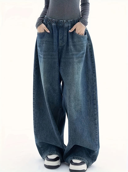 Chic Y2k Baggy Denim Pants - Wide Leg Elastic Waist for Women - Comfortable & Stylish Loose Fit Streetwear Jeans with Slant Pockets