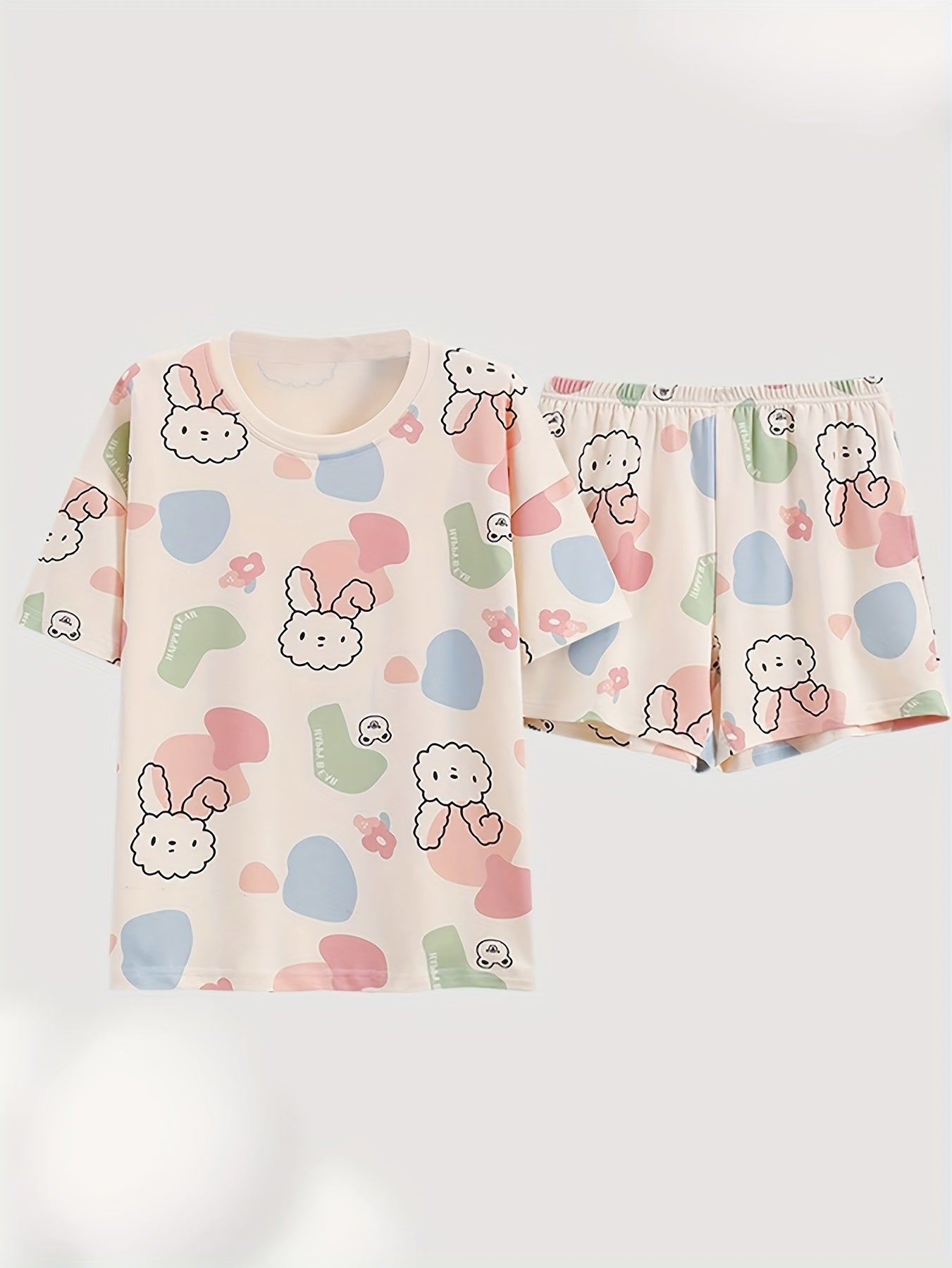 Lightweight & Stylish Womens Rabbit Print Pajama Set - Short Sleeve, Round Neck Tee & Pocket Shorts, Color Block Sleepwear for Casual Nights