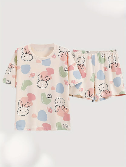 Lightweight & Stylish Womens Rabbit Print Pajama Set - Short Sleeve, Round Neck Tee & Pocket Shorts, Color Block Sleepwear for Casual Nights