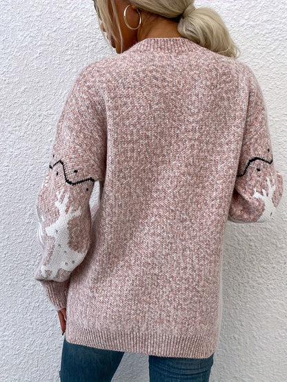 Long Sleeve Deer Pattern Drop Shoulder Cardigan for Fall & Winter, Elegant Women's Clothing