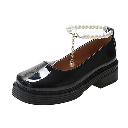 Elegant Pearl Chain Oxfords Women Mary Janes  Spring Autumn Platform Flats Black Leather Casual Boat Shoes Female Loafers