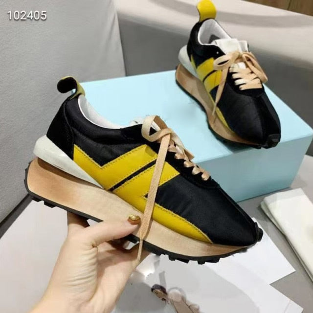 Spring Thick Sole Casual Daddy Shoes Women Flat Mixed Color Lace Up Patchwork Sneakers Outdoor Walk Tennis Shoes  Unisex