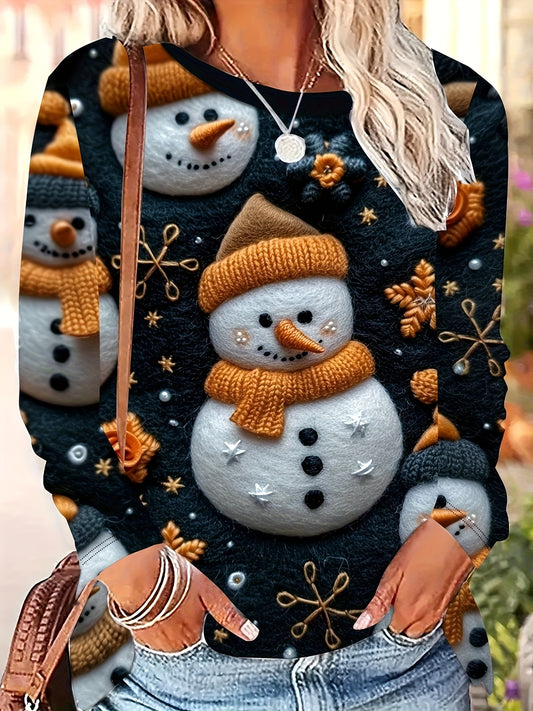 Cozy Snowman Embroidered Long Sleeve T-Shirt for Women - Soft, Breathable, Casual Crew Neck Top with Vibrant Festive Print, Perfect for Fall and Winter Season, Holiday Parties, and Daily Wear