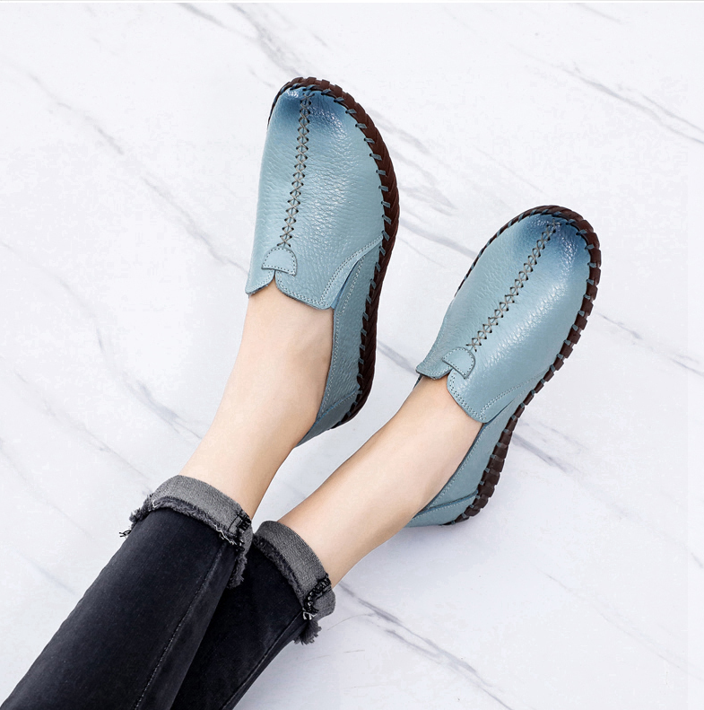 White Black Hollowed Moccasins For Women Genuine Leather Flats Breathable Loafers Shoes Women's Soft Casual Flat Shoes Blue