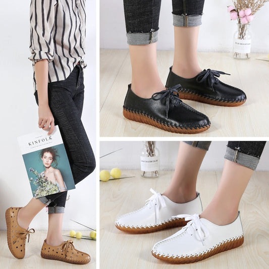 xiangtuibao Soft Sole Hollow Single Shoes Women  Vintage Genuine Leather Flat Casual Shoes Woman Outdoor Lace Up Non Slip Loafers creepers