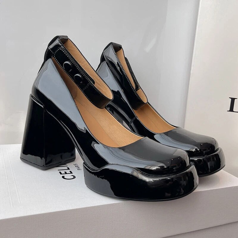 xiangtuibao Patent Leather High Heels Pumps Women  Autumn Thick Heel Chunky Platform Mary Jane Shoes Woman Black Ankle Straps Pump Shoes