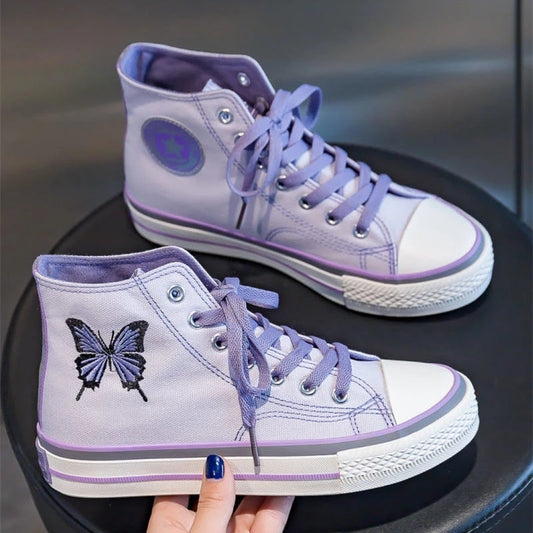 xiangtuibao  Spring New Women Canvas Shoes Fashion Drawings Girl Purple Vulcanized Sneakers Butterfly Embroidery Casual High Low Flat Shoes