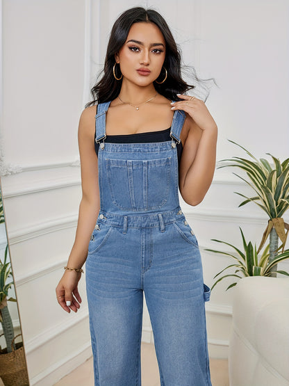 Plain Washed Blue Loose Fit Casual Denim Overall Dungarees, Women's Denim Jeans & Clothing