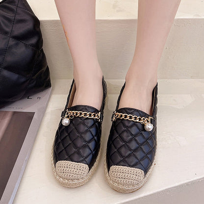 New Women's Loafers Pu Slip On Metal Chain Female Flats Shoes Spring Pearl Shallow Diamond Lattice Ladies Fisherman Shoes