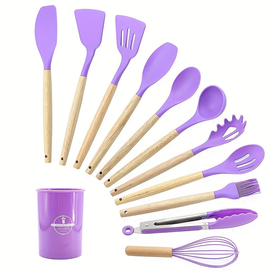 11/12pcs Deluxe Kitchenware Set - Wooden Handle, Non-Stick Silicone Cooking Pots, Spoons, Shovels, and Storage Bucket - Complete Cooking Essentials for Home and Restaurant Chefs