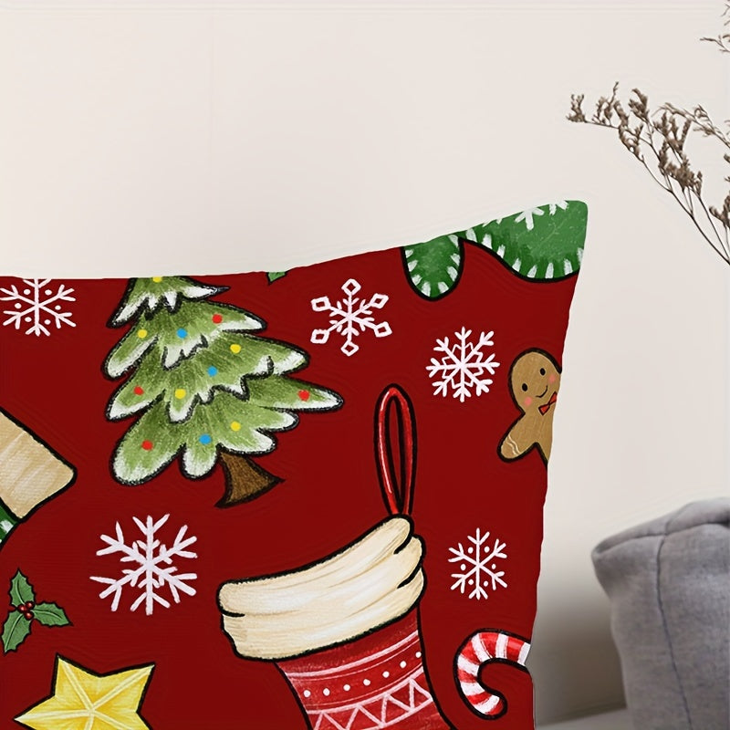 1Pc, Red Christmas Elements Throw Pillowcase Super Soft One Side Printed Cushion Cover 17.7*17.7inch