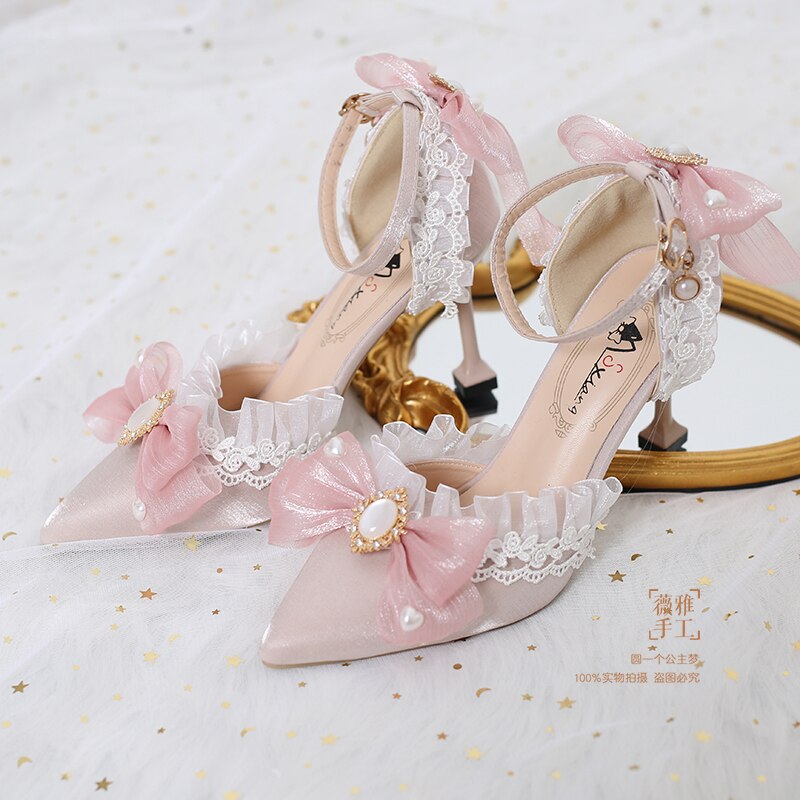 Vintage French Style Sweet Girls' Adult Ceremony High Heels Elegant Embroidered Lolita Hand Made Pointed Toe Wedding Loli Shoes