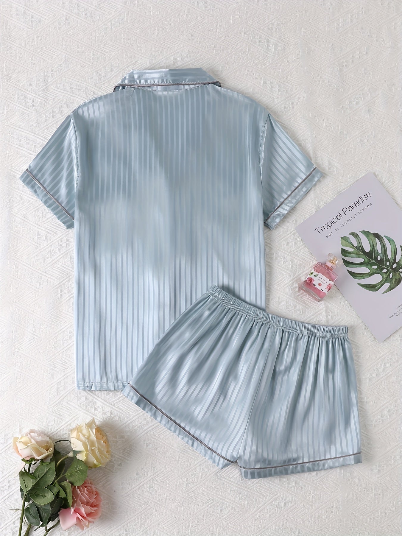 Luxurious Striped Satin Pajamas Set - Short Sleeve Button Top & Soft Shorts - Womens Comfy Sleepwear & Lounging Elegance for a Chic Nighttime Experience