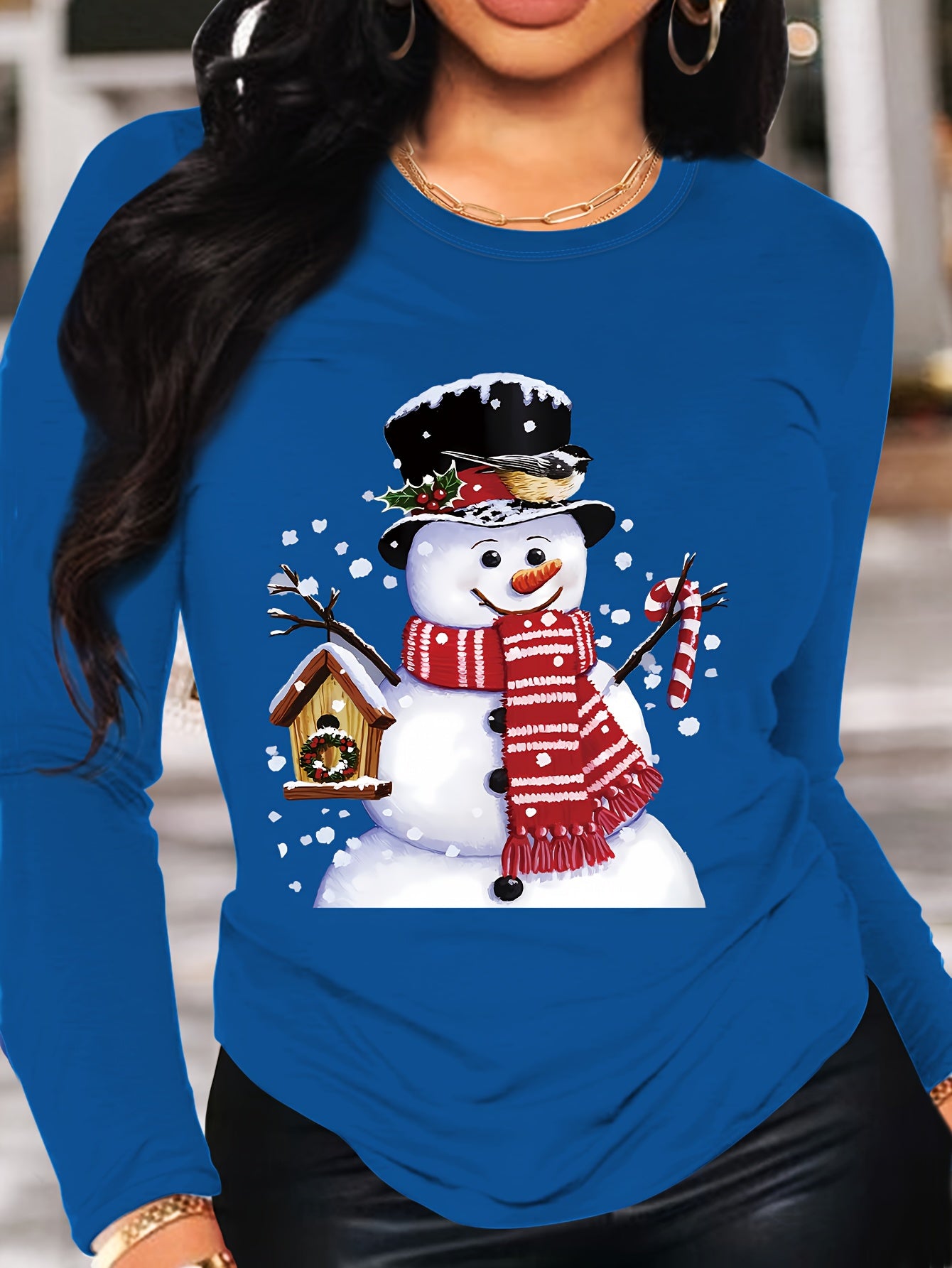 Long Sleeve Christmas Snowman Print T-shirt, Crew Neck Casual Top For Spring & Fall, Women's Clothing