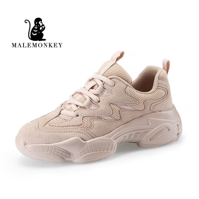 Casual Mesh Platform Sports Shoes Leather Breathable Woman Sneakers  Spring Women's Shoes Lace Up Zapatos De Mujer Beige