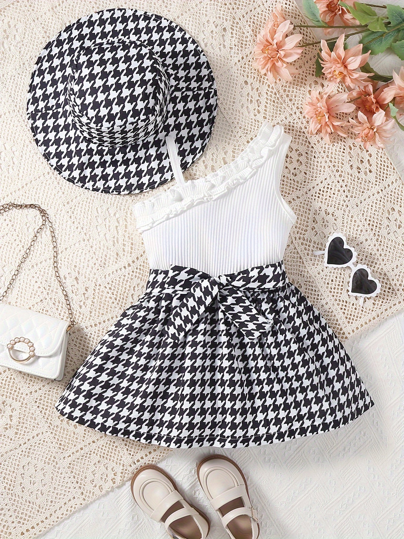 Toddler Girls Splicing Ruffle Trim Sleeveless Houndstooth Pattern Dress With Hat For Spring Summer Party