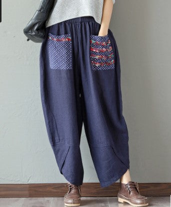 xiangtuibao Can Be Shipped  Factory Direct Sales Spring Ethnic Style Patchwork Cotton Linen Wide Leg Pants Loose Women's Pants