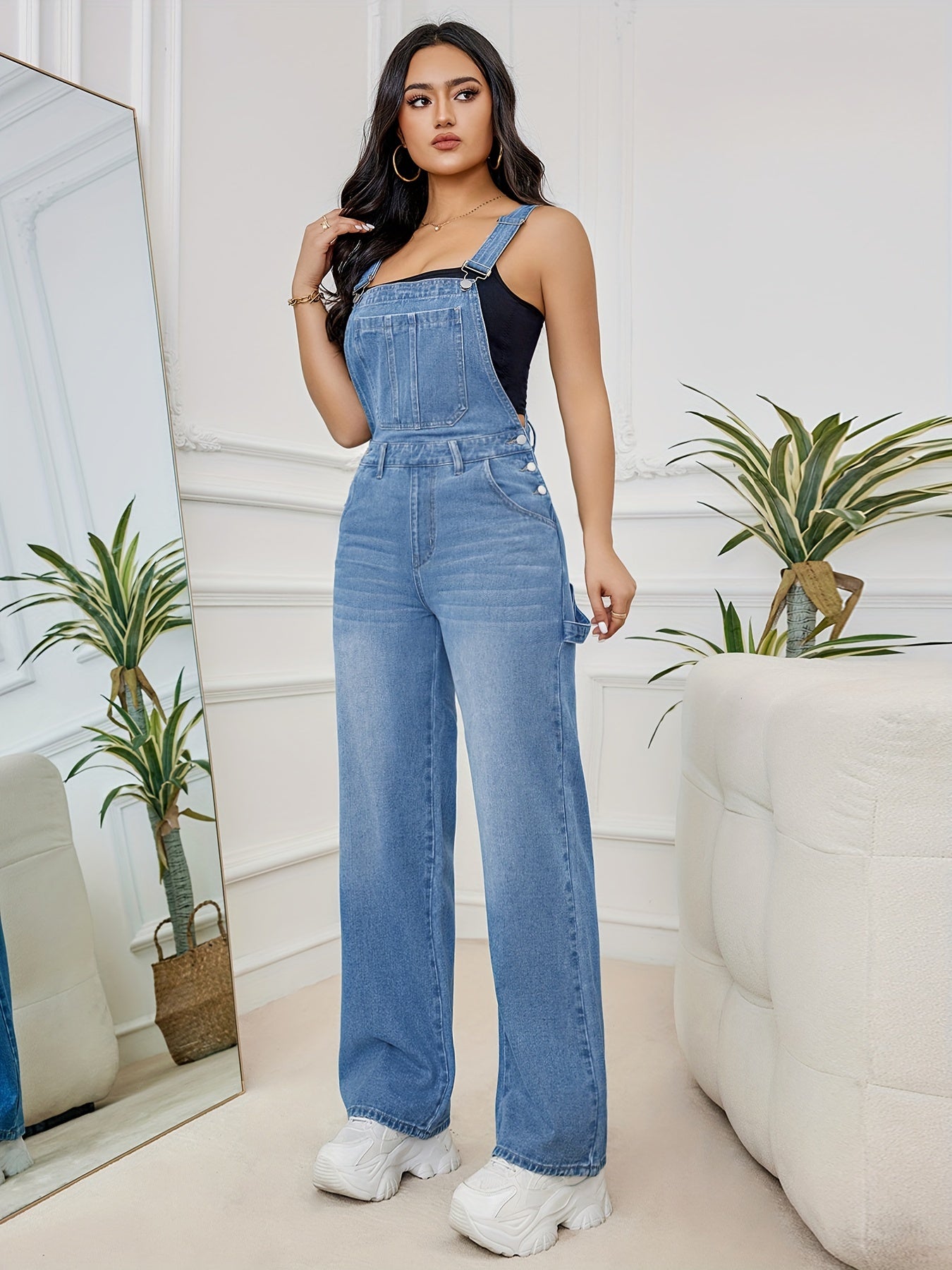 Plain Washed Blue Loose Fit Casual Denim Overall Dungarees, Women's Denim Jeans & Clothing