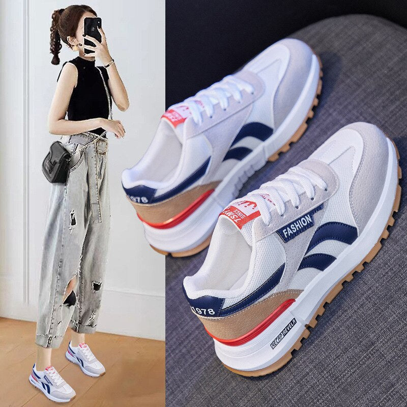 New Women Casual Sport Shoes Girl Street Leather Mesh Patchwork Stripe Comfortable Sneakers All Seasons Trainers 3 Colors