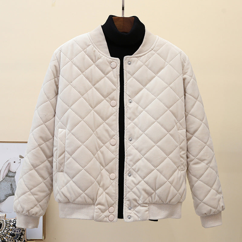 2024 winter new Korean version women's short Harajuku small cotton clothes rhombus gold velvet thickened baseball clothes cotton-padded jacket