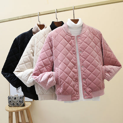 2024 winter new Korean version women's short Harajuku small cotton clothes rhombus gold velvet thickened baseball clothes cotton-padded jacket