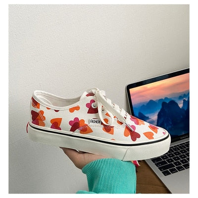 Hight-top Canvas Shoes Chic Women's  New Style White Shoes Spring Korean-style Girls Heart Sneakers 35-40 High Low Lace Up