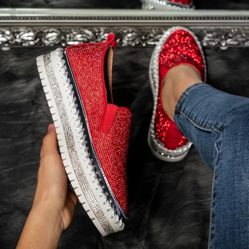 xiangtuibao Luxury Women Flats Rhinestone Bling Sewing Platform Loafers Slip on Sewing Shallow Fashion Casual Shoes Ladies Footwear