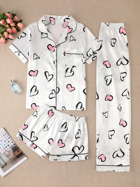 1 Shirt and 2 Trousers Womens Elegant Heart Print Satin Pajama Set - Soft, Relaxed Fit, Short Sleeve, Lapel Collar, Random Printing - Comfortable, Woven, Non-Sheer, All Seasons