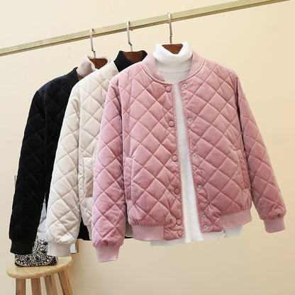 2024 winter new Korean version women's short Harajuku small cotton clothes rhombus gold velvet thickened baseball clothes cotton-padded jacket