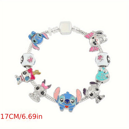 1 pc Disney Stitch Charm Bracelet - Cartoon Beaded Bangle with Silver-Tone Plating, Cute Stitch Beads, and Party Style Design - Perfect Gift for Disney Fans on Valentines Day and All Occasions