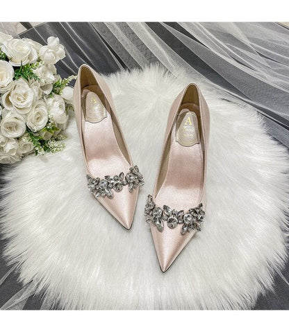 xiangtuibao  Wedding Shoes Crystal Bridal Shoes Champagne Color Satin Dress Bridesmaid Shoes White High Heels Shoes Women Heels Pumps