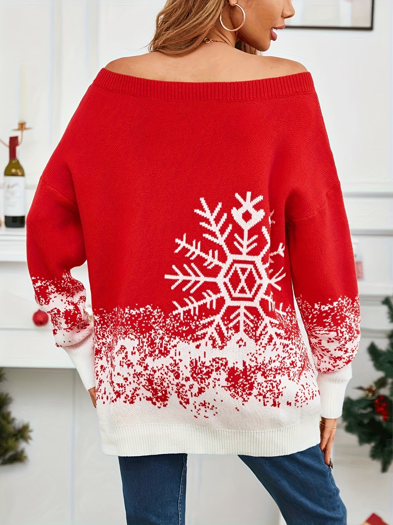 Snowflakes Pattern Off Shoulder Sweater, Casual Long Sleeve Sweater For Fall & Winter, Women's Clothing