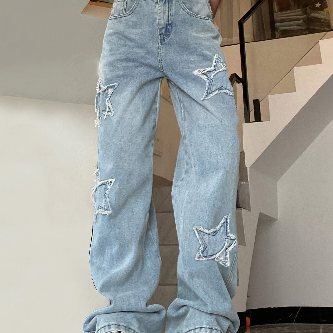 Vintage-Inspired Blue Star Wide-Leg Jeans - All-Season Comfort, Embroidered Geometric Design, Easy-Care Women's Denim Pants