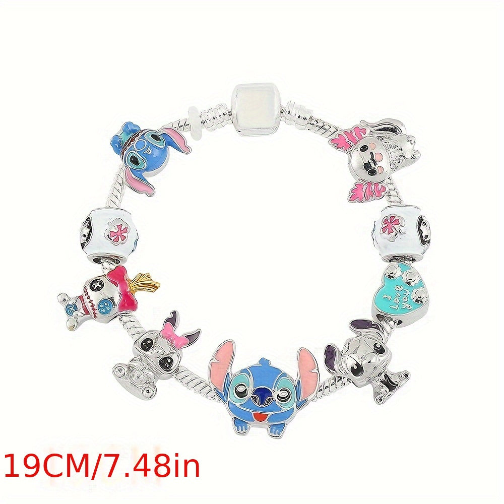 1 pc Disney Stitch Charm Bracelet - Cartoon Beaded Bangle with Silver-Tone Plating, Cute Stitch Beads, and Party Style Design - Perfect Gift for Disney Fans on Valentines Day and All Occasions