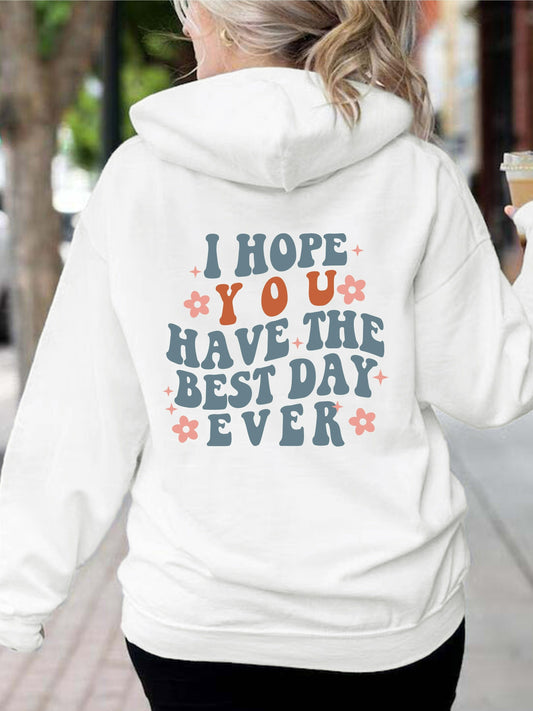 Letter Print Back Hoodies, Casual Kangaroo Pocket Long Sleeve Sweatshirt, Women's Clothing