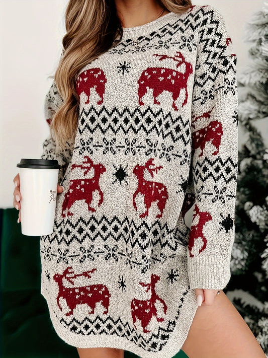 Cozy Winter Essential: Elk Pattern Crew Neck Long Sleeve Sweater Dress for Women, Casual Curved Style for Fall and Winter, Soft and Warm Women's Clothing