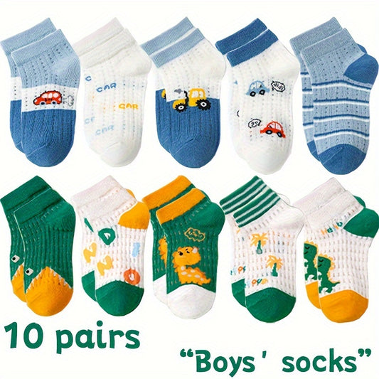 10 Pairs Of Boy's Dinosaur Park School Bus Pattern Crew Socks, Soft Breathable Comfy Socks For Daily Wearing