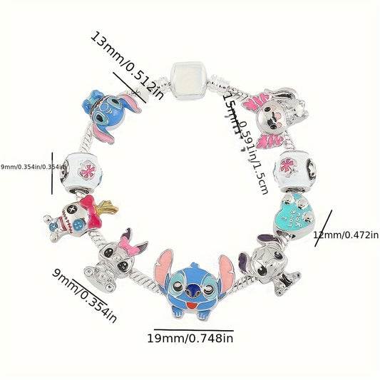 1 pc Disney Stitch Charm Bracelet - Cartoon Beaded Bangle with Silver-Tone Plating, Cute Stitch Beads, and Party Style Design - Perfect Gift for Disney Fans on Valentines Day and All Occasions