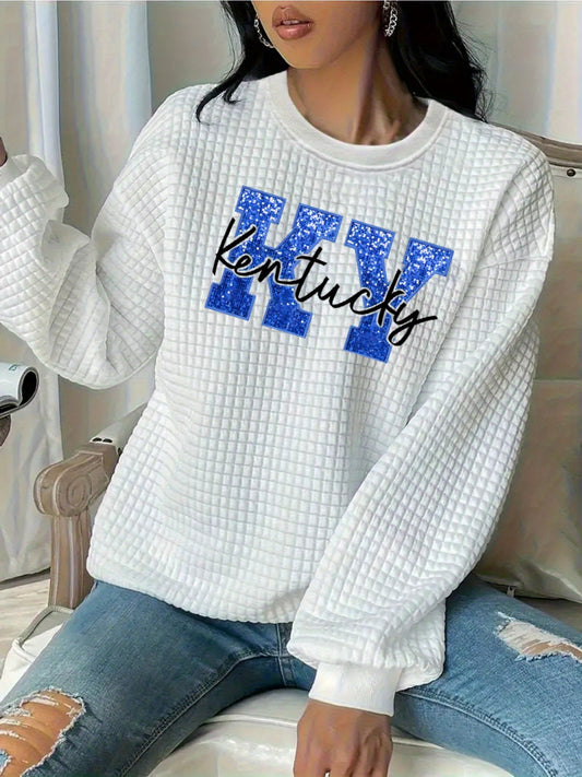 Kentucky Letter Applique Sweatshirt - Stretchy Crew-Neck Casual Top for Women, Perfect for Spring to Fall