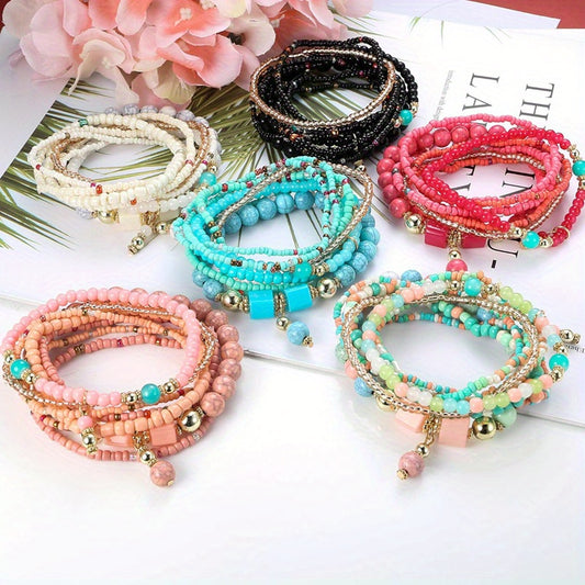 6-Set (48pcs) Vibrant Bohemian Stacked Bead Elastic Bracelet Collection - Multi-Layered, Multi-Colored, Ethnic Charm Jewelry for Women, Men, Girls, Boys, and Teenagers - Perfect for Daily, Vacation, and Gift-Giving Occasions