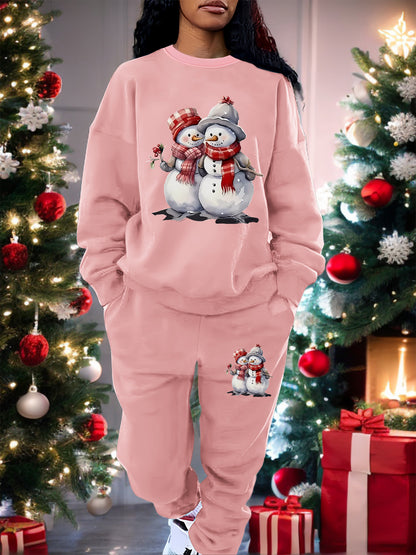 Women's Christmas Snowman Print Sweatshirt Set, Cozy All-Season Polyester Hoodie and Pants, Casual Round Neck, Knit Fabric, Festive Holiday Outfit