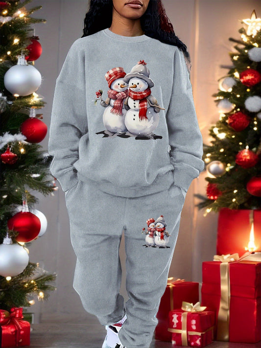 Women's Christmas Snowman Print Sweatshirt Set, Cozy All-Season Polyester Hoodie and Pants, Casual Round Neck, Knit Fabric, Festive Holiday Outfit