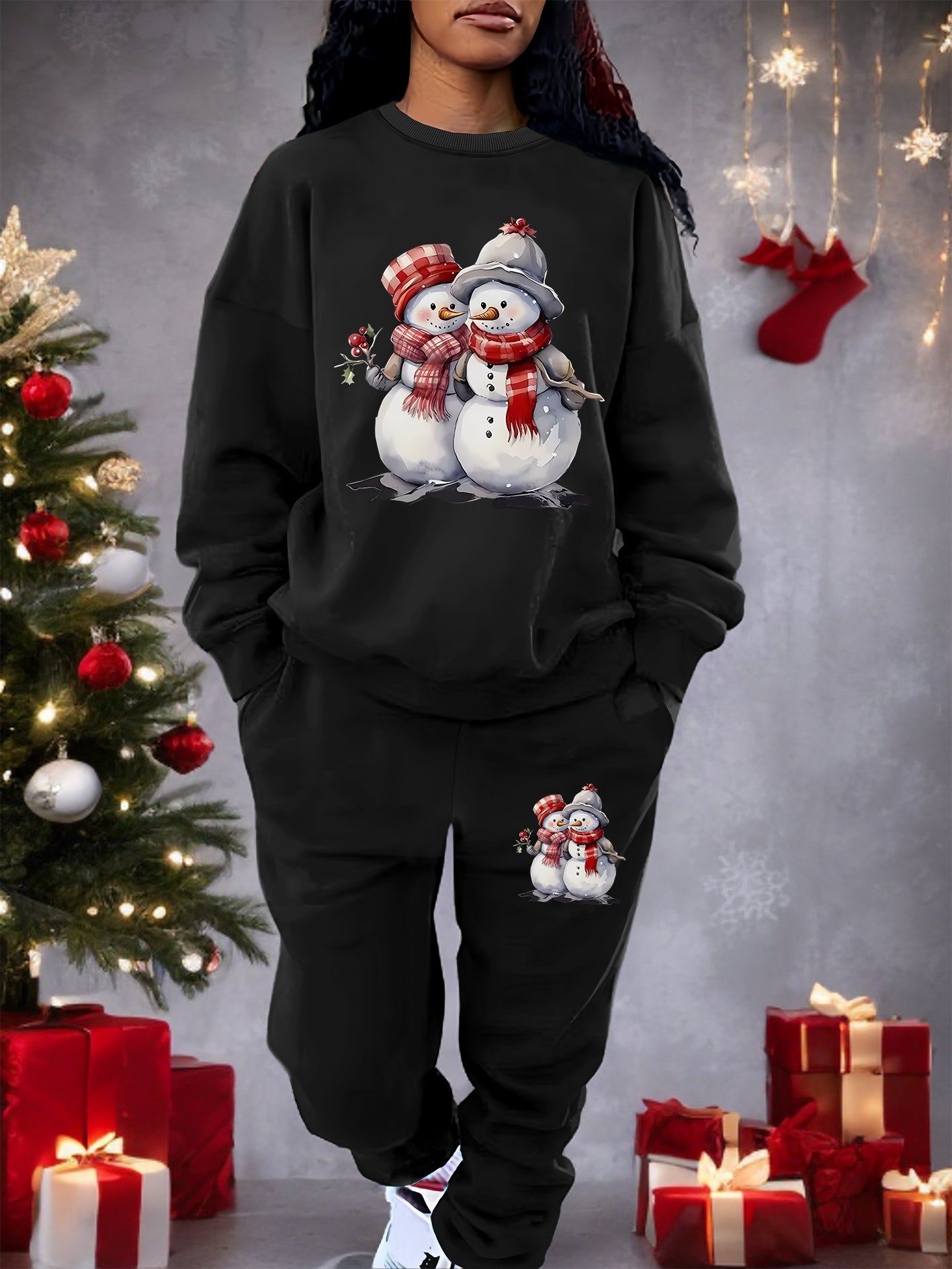 Women's Christmas Snowman Print Sweatshirt Set, Cozy All-Season Polyester Hoodie and Pants, Casual Round Neck, Knit Fabric, Festive Holiday Outfit