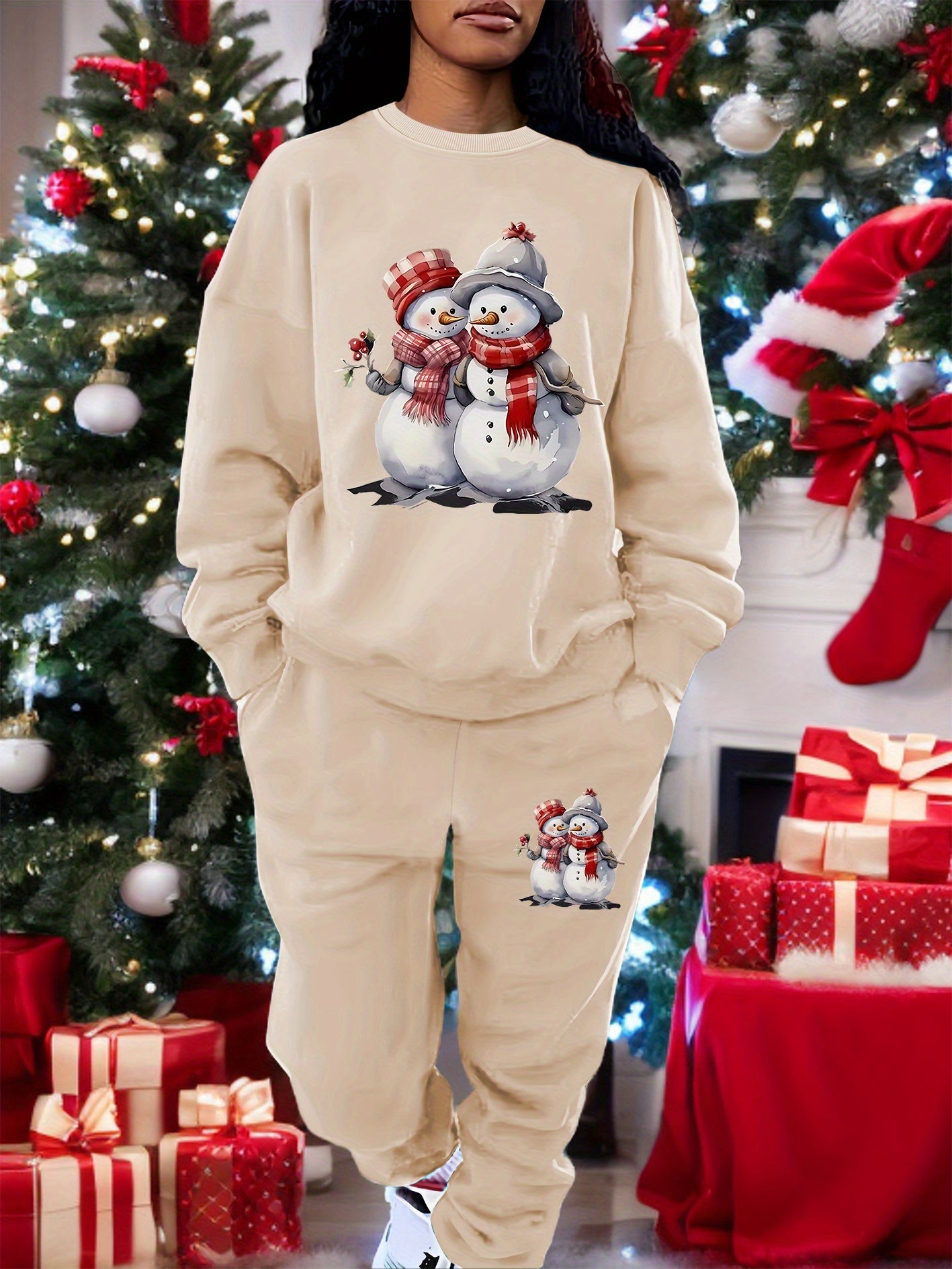 Women's Christmas Snowman Print Sweatshirt Set, Cozy All-Season Polyester Hoodie and Pants, Casual Round Neck, Knit Fabric, Festive Holiday Outfit