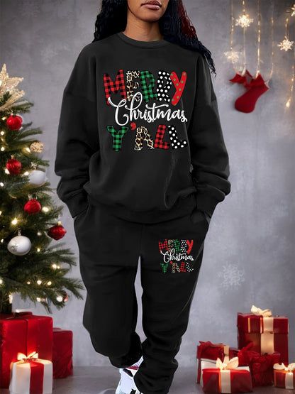 Two Piece Set Merry Christmas Print Crew Neck Sweatshirt & Pants, Women's Clothing