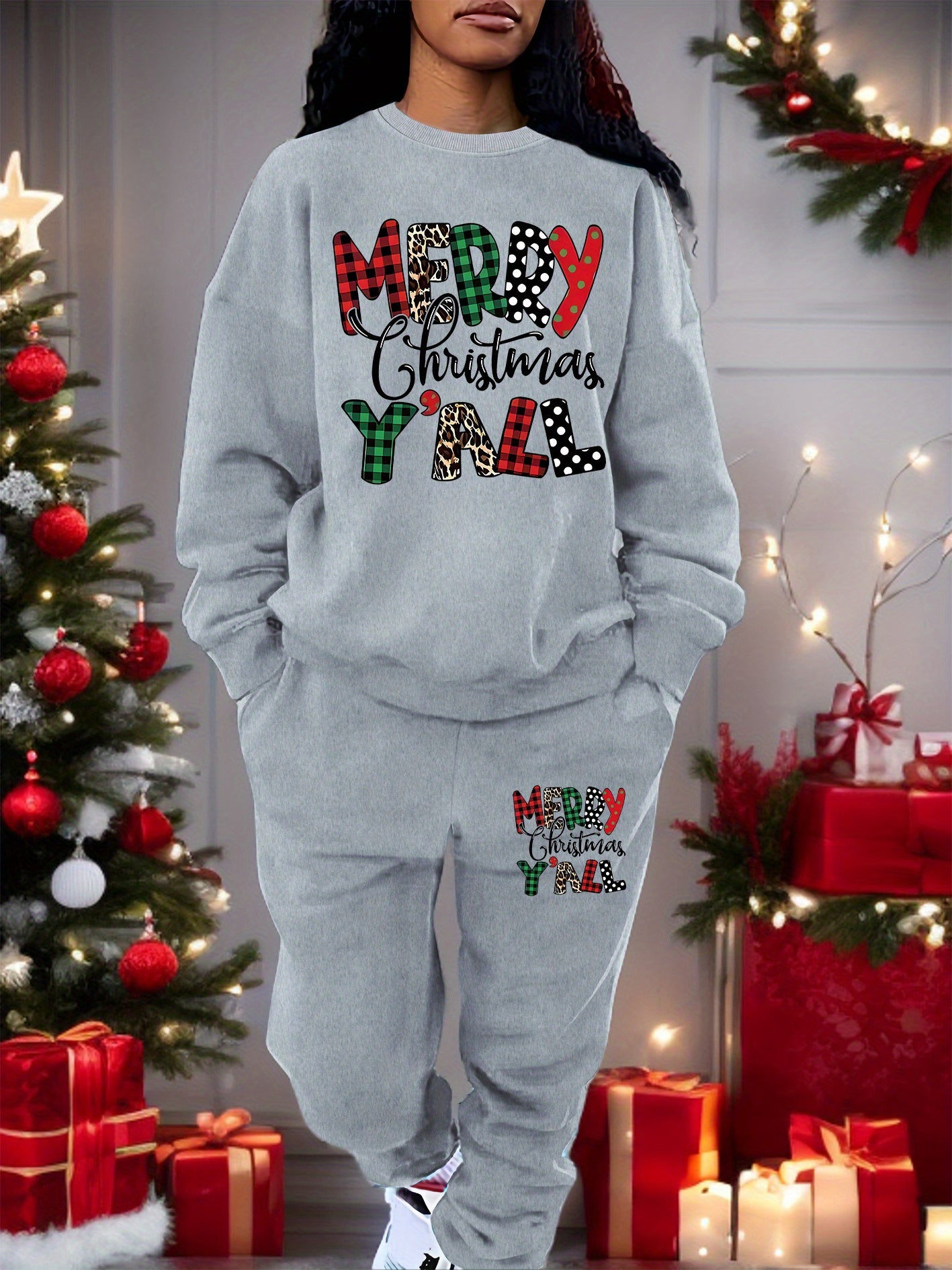 Two Piece Set Merry Christmas Print Crew Neck Sweatshirt & Pants, Women's Clothing